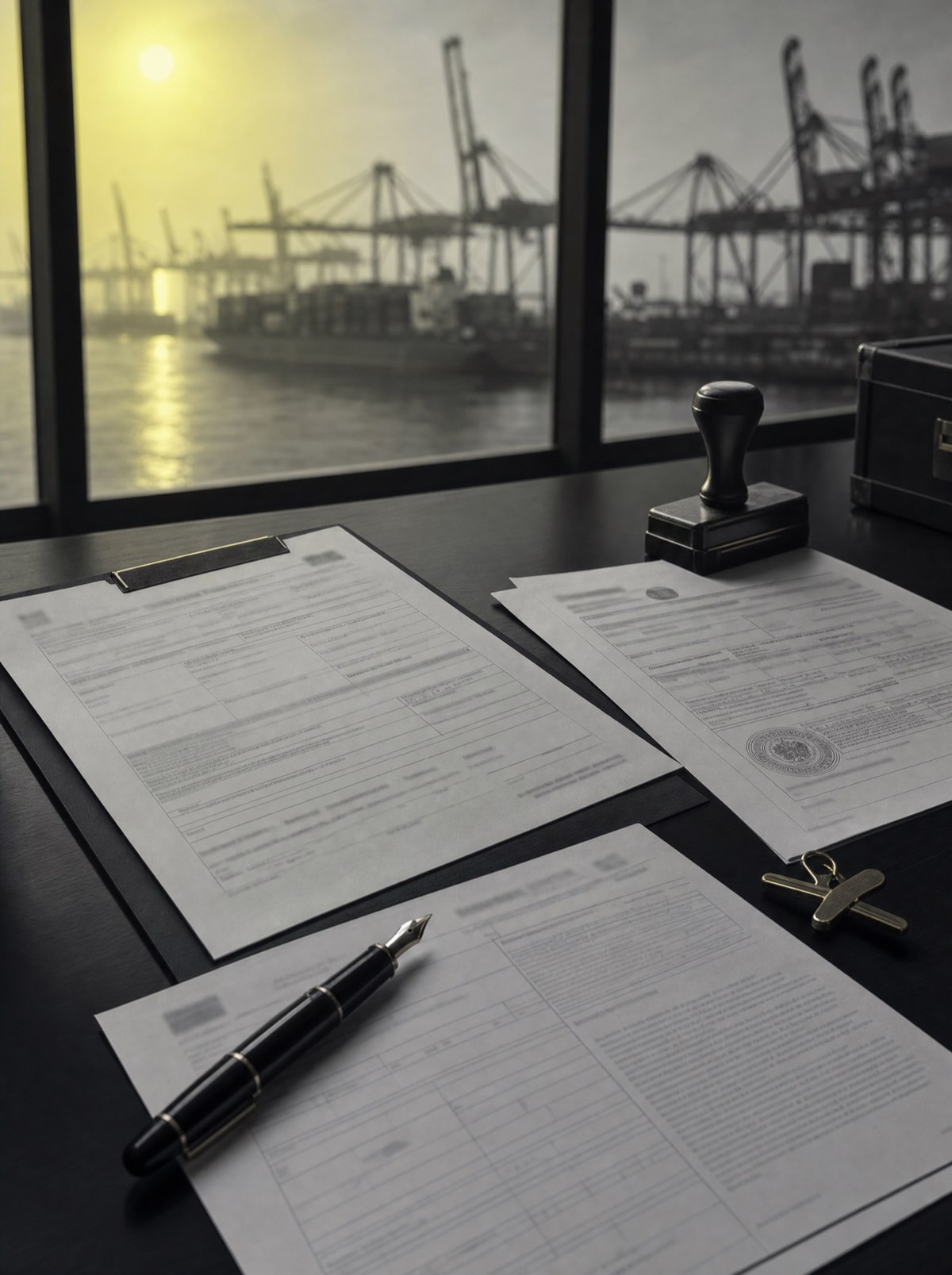Trade documents on a desk near a port operations window