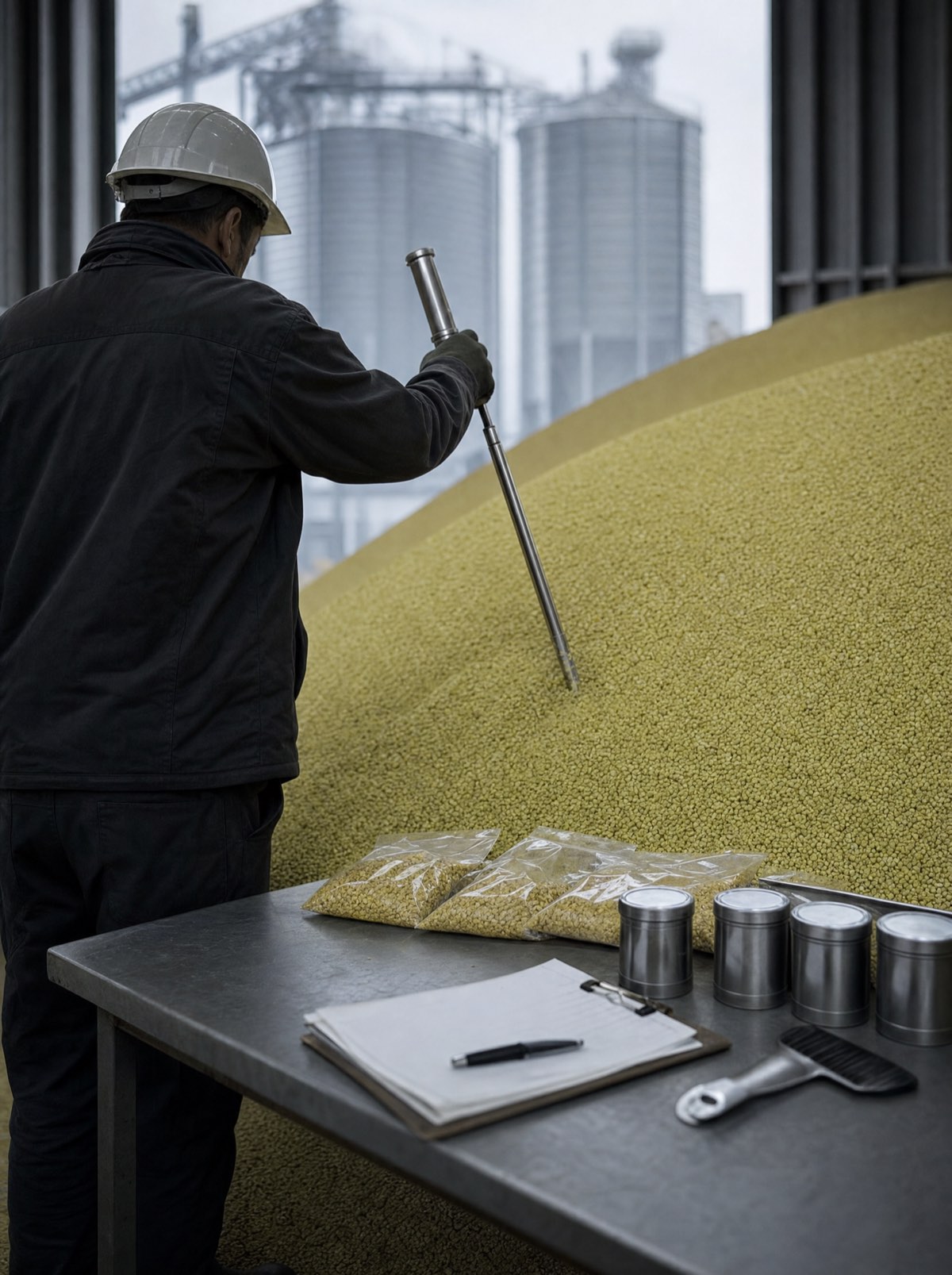 An inspector sampling grain at a port terminal with sample bags and sealed containers