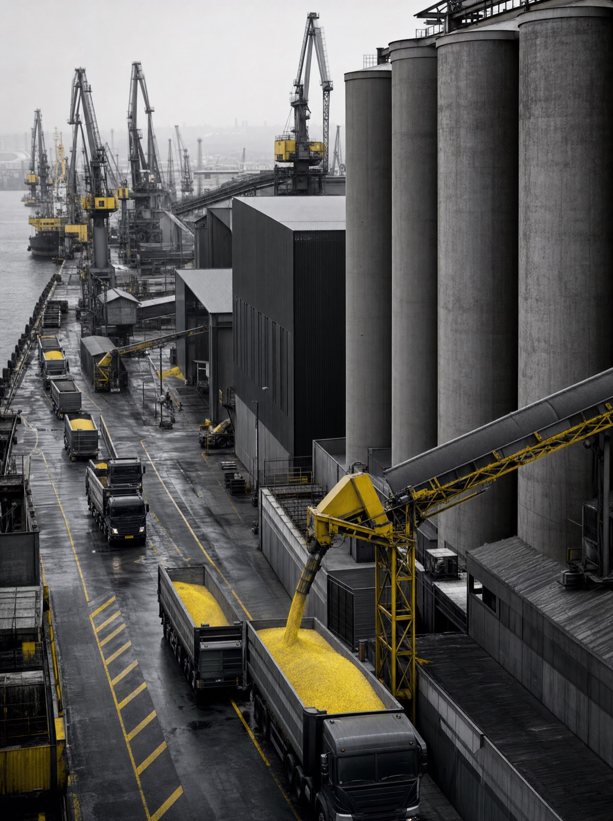 Grain silos, warehouses, trucks and port cranes working together