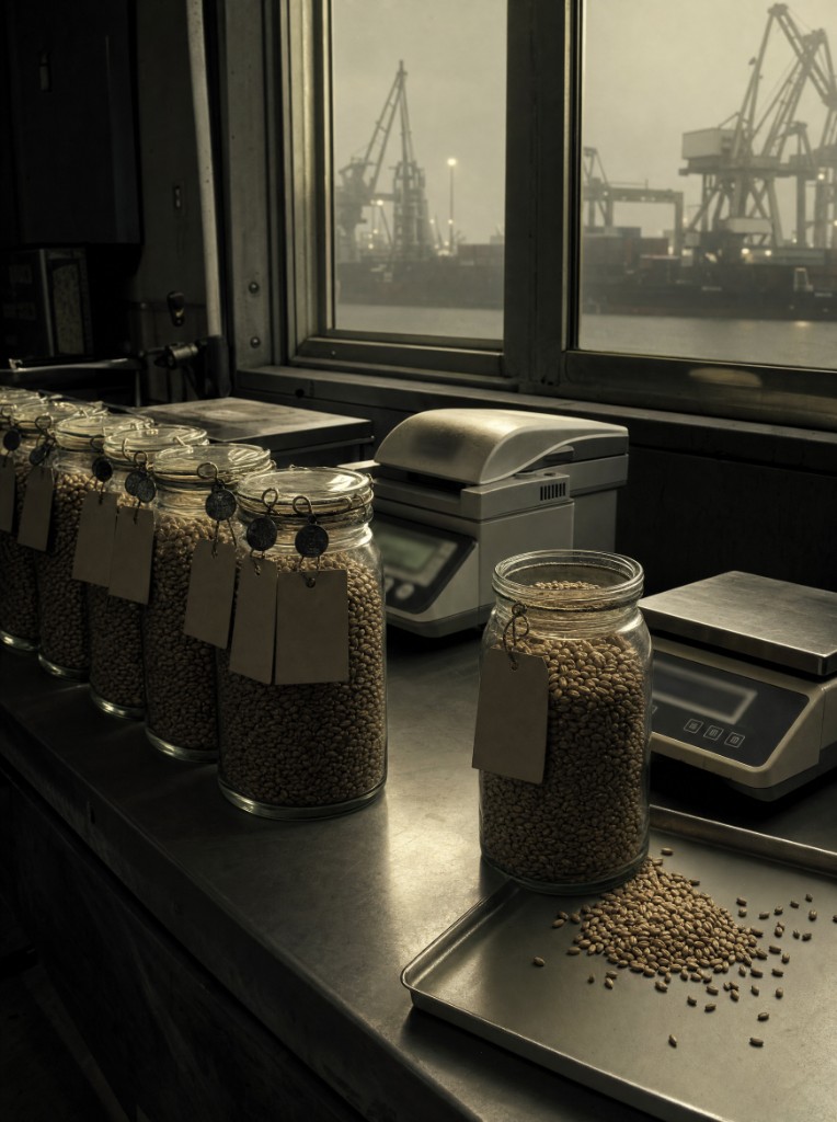 Labeled grain samples in jars on a laboratory bench with port cranes visible through the window