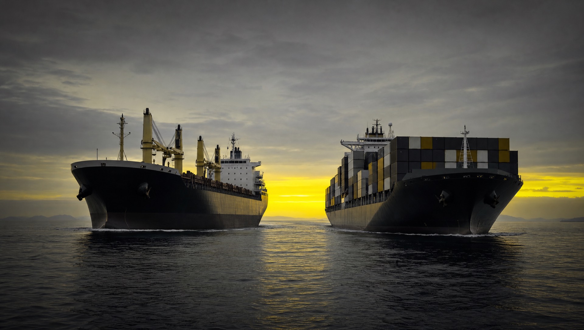 A bulk carrier and a container ship sailing side by side across a calm sea at dawn